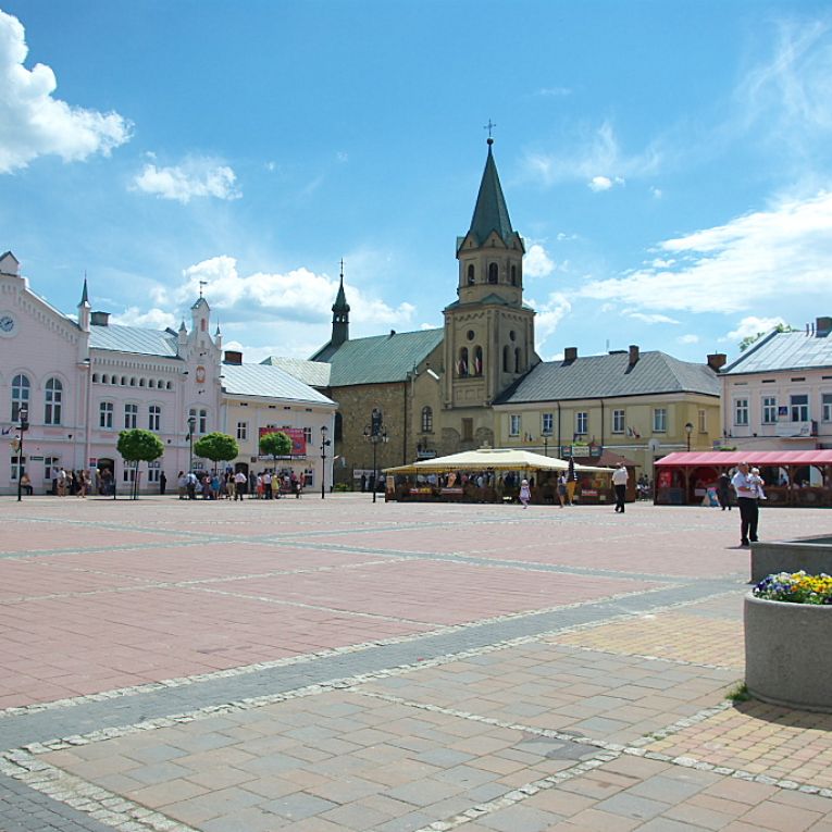 Sanok Market Square with historic tenement houses, the Orthodox Church of St. Trinity